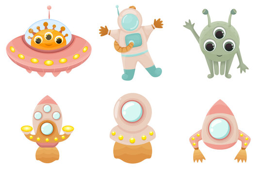 Cute illustrations theme space , rockets , astronaut , aliens , spaceship , cartoon style , vector 