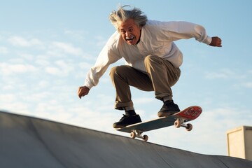 Elderly man skateboarding. Generative AI