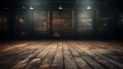 Classic old warehouse building. illuminated by the light in a dark room. Empty wooden room in vintage style