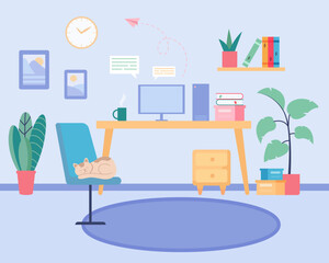 Comfortable working space at home vector illustration. Home office set-up with desk, computer, books and equipment for remote work or studies, cat on chair. Self-employment, decor concept