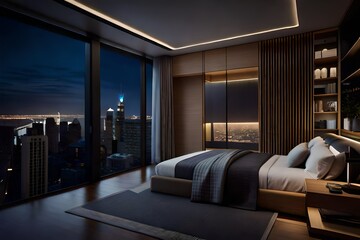 Naklejka premium Penthouse bedroom at night, dark gloomy, A room with a view of the city from the bed. Generative AI
