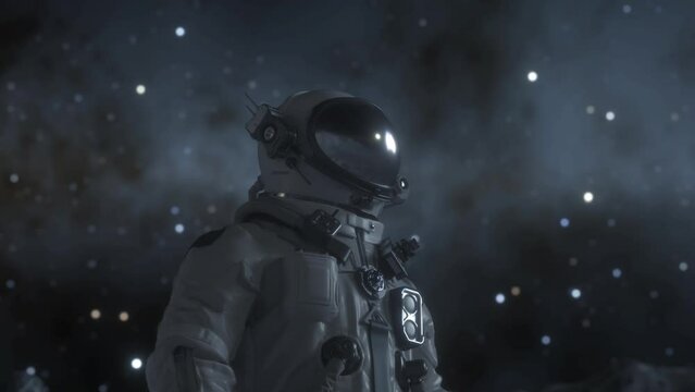Alone astronaut stands on the surface of the moon among craters