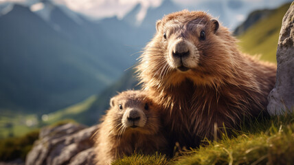 A marmot mother with her curious marmot baby. AI Generative.