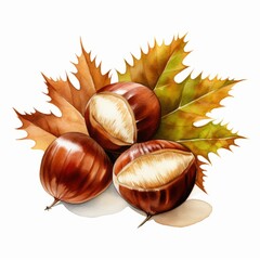 Watercolor illustration autumn chestnut clipart by hand on white background.