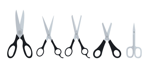 Various professional scissors. Tailoring, hairdressing, manicure scissors. Flat illustration set