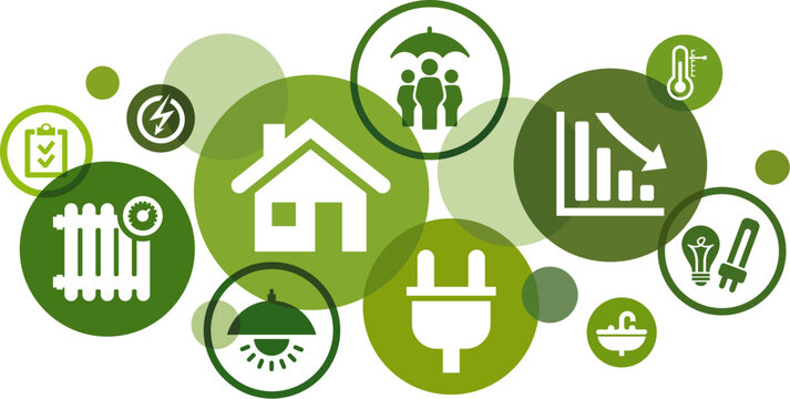 Energy saving vector illustration. Green concept with icons related to efficiency & conservation, adjustment of heating & lighting, reducing domestic energy bill, sustainability, power consumption.
