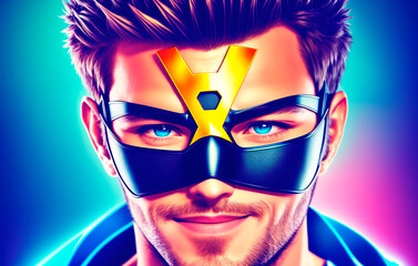 Portrait of a handsome young man in superhero costume and wearing a mask