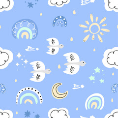 seamless pattern for children with rainbows, starry sky, set of weather icons, abstract pattern with doodle elements, set of hand drawn doodles, clouds, rainbow, bird, sun, moon, rain, stars