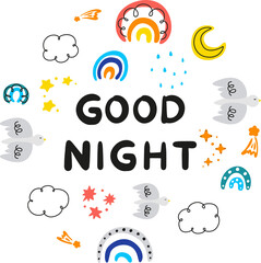 good night, children's pattern with rainbows, starry sky, weather icons set, abstract pattern with doodle elements, hand drawn doodles set, clouds, rainbow, bird, sun, moon, rain, stars