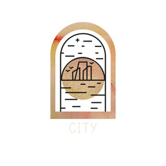 cityline landscape , skyscraper, sunrise, watercolor , outline logo