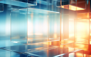 A background of transparent glass panels with a blurry background with lighting - obrazy, fototapety, plakaty