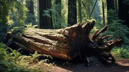 Fallen Redwood Tree In Forest