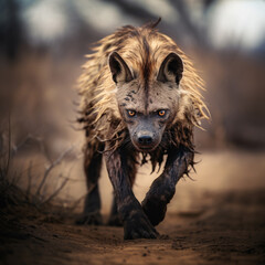 Dirty and wet brown hyena in the wild