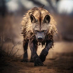 Muurstickers Dirty and wet brown hyena in the wild © Jason