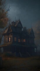 Spooky Abandoned House in a Foggy Forest Haunted Cottage in a Misty Woodland Eerie Abandoned Building Surrounded by Foggy Trees AI Generative