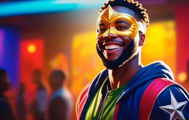 Portrait of a handsome young african american man in superhero costume and wearing a mask
