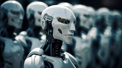 Fototapeta premium close up of a metal robot portrait, head shot from angle, isolated background blur, artificial intelligent wallpaper, titan humanoid android robotics