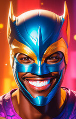Portrait of a handsome young african american man in superhero costume and wearing a mask
