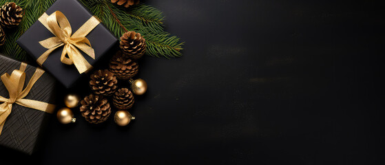 Black Christmas background with gift box, conifer branch, cones, golden decorations. Top view. Flat lay. New Year composition. Generative ai.
