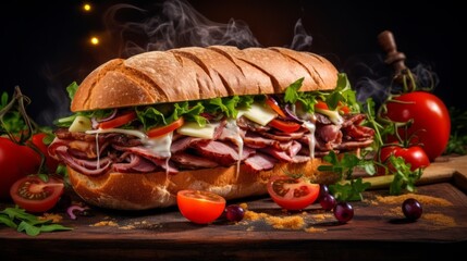 Fresh gourmet sandwich with meat and vegetables