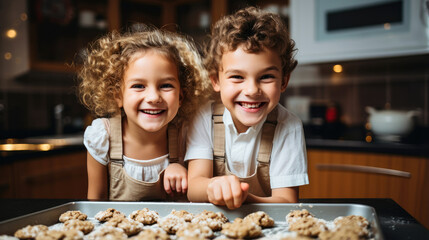 Happy kids baking delicious cookies. Generative AI
