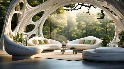 Sleek white furniture complemented by oversized indoor trees