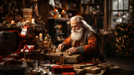 Santa Claus preparing Christmas gift wrapping, holiday magic and festive preparations. House of Santa Claus, fireplace and Christmas tree. Christmas or new year concept.