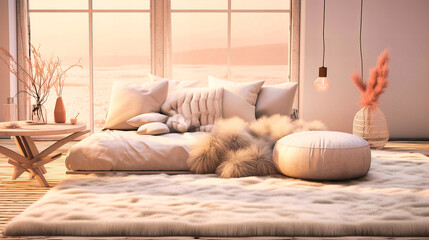 A serene atmosphere with soft white underfoot rugs