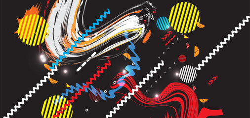 Abstract geometric background with colorful shapes and doodles. Vector illustration