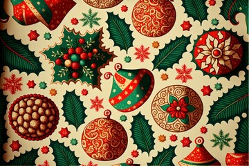 seamless pattern for Christmas, vintage cartoonist illustrations, mistletoe snowflake bell ornaments leaves candies