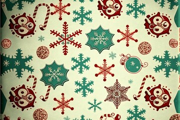 seamless pattern for Christmas, vintage cartoonist illustrations, mistletoe snowflake bell ornaments leaves candies