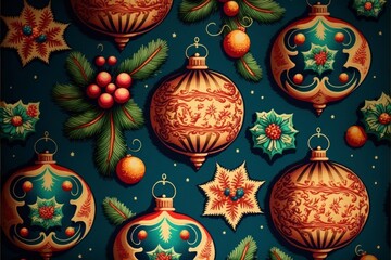 seamless pattern for Christmas, vintage cartoonist illustrations, mistletoe snowflake bell ornaments leaves candies