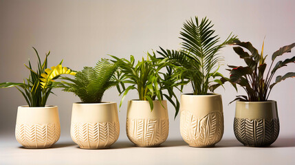 White ceramic planters holding vibrant ferns and palms