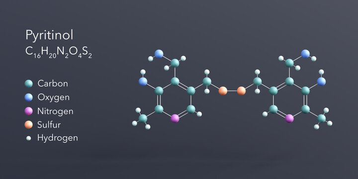 pyritinol molecule 3d rendering, flat molecular structure with chemical formula and atoms color coding