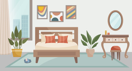 Cozy bedroom. Bedroom interior: bed, dressing table with chair, carpet, potted plants, paintings, window overlooking the city. Interior concept. Vector flat illustration