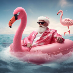 Big inflatable flamingo with santa claus in enjoying on the beach. Abstract pastel pink creative concept in sea. Happy New year.