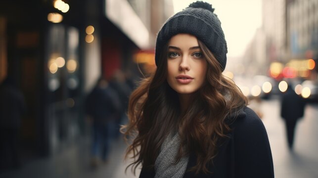 Pretty stylish brunette girl wistfully looking in camera while resting on city street