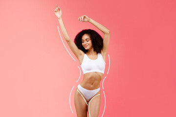 Fototapeta na wymiar Athletic black lady showing her body, promoting benefits of exercise