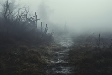 a path in the middle of a field on a foggy day, eery dead swamp setting, atmospheric