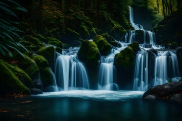 A cascading waterfall framed by vibrant foliage, the water's movement frozen in a moment of time 