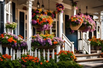 Fototapeta na wymiar A traditional home's front porch adorned with hanging baskets overflowing with colorful blooms, inviting visitors to linger 