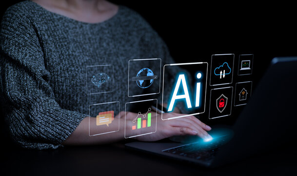 AI technology concept. Woman use AI to help work or use AI everyday life at home. AI Learning and Artificial Intelligence. Business, modern technology, internet and networking, Chat Ai, Chat Bot,