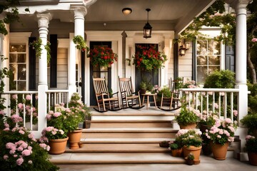 A classic front porch of a traditional house, adorned with rocking chairs and blooming potted plants 