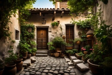 Fototapeta na wymiar A serene view of a traditional home's courtyard, with a cobblestone path leading to an antique wooden door 