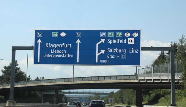 road sign in Austria with directions to European border and cities