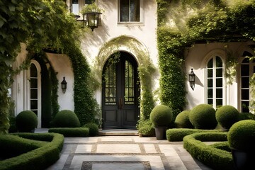 Fototapeta na wymiar The elegance of a traditional home's arched entryway, framed by lush climbing vines and delicate topiaries 