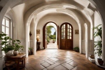 A graceful arched doorway of a traditional home, inviting guests into a world of timeless elegance 