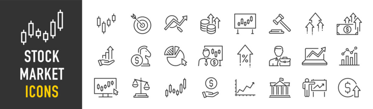 Stock Market web icons in line style. Investment, finance, table, bear, bull, stock exchange, profits, trading, growth ,collection. Vector illustration.