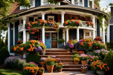 Fototapeta premium A traditional home's front porch adorned with hanging baskets overflowing with colorful blooms, inviting visitors to linger 