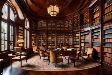 The inviting ambiance of a traditional library, lined with rich mahogany bookshelves and soft reading nooks 